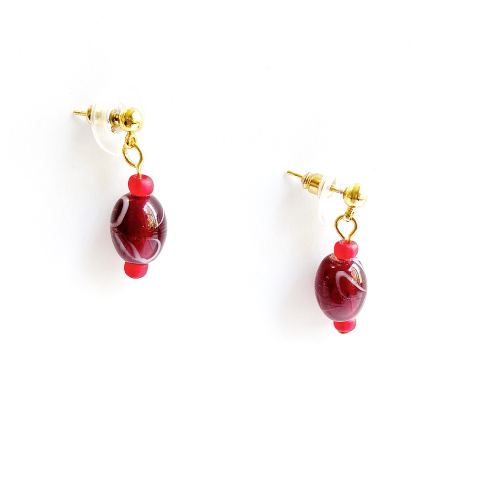 Deep red lampwork bead faint white Swirl Earrings - Picture 1 of 4